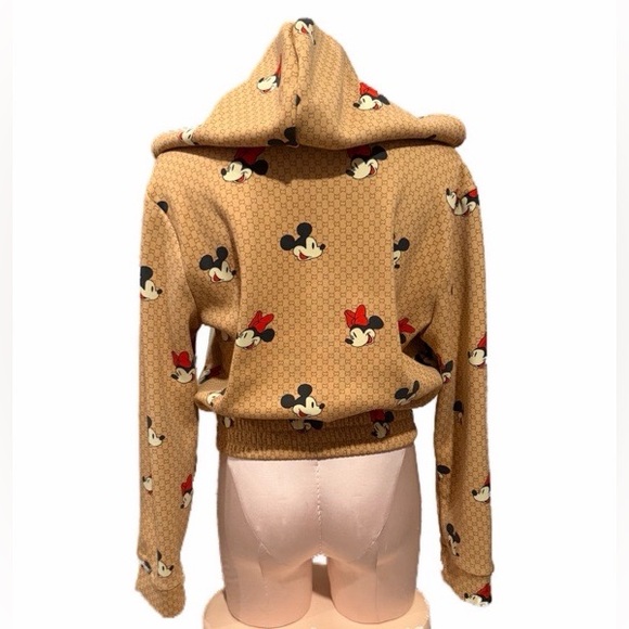 Gucci Dupe Tan Faux fur lined cropped Hoodie with Mickey and Minnie print. - Picture 6 of 6